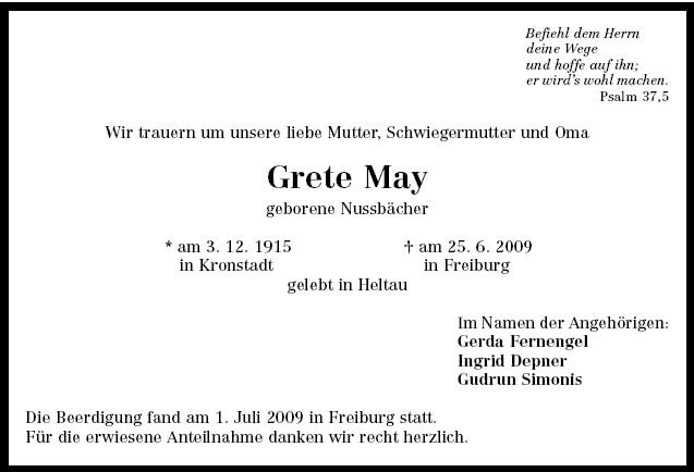 Nussbaecher Margarete 1915-2009 Todesanzeige